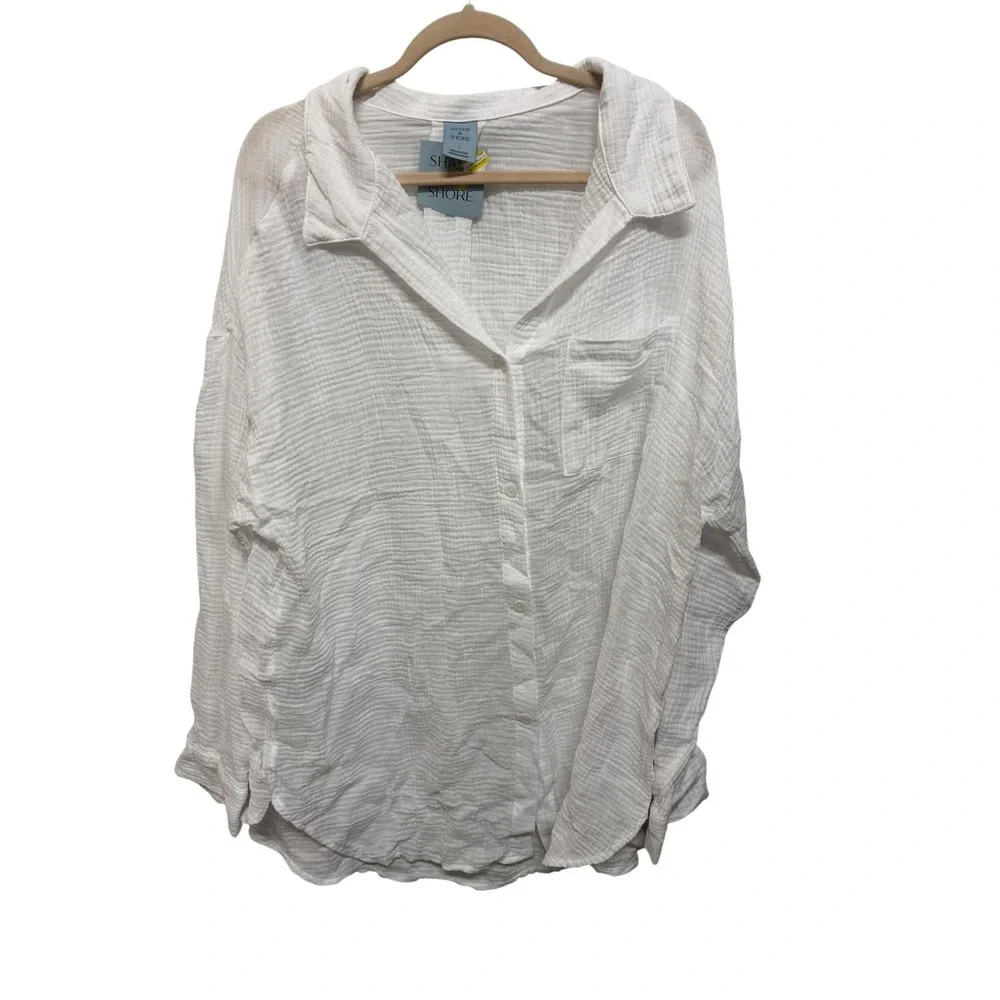 Shade & Shore Women's Large White Cotton Gauze Button Down Swim Cover Up NWT